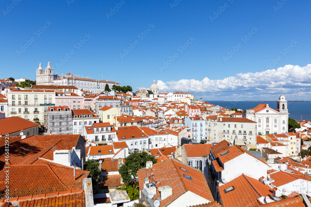 Lisbon Portugal city travel view of Alfama old town with church Sao Vicente de Fora