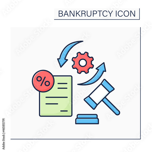 Bankruptcy procedure color icon.Filing petition to declare debtor person or business bankrupt. Legally approved in court. Bankruptcy concept. Isolated vector illustration 
