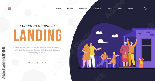 Young parents bringing children to grandparents. Flat vector illustration. Happy grandparents standing on porch, welcoming grandson and granddaughter running towards. Family, meeting, holiday concept