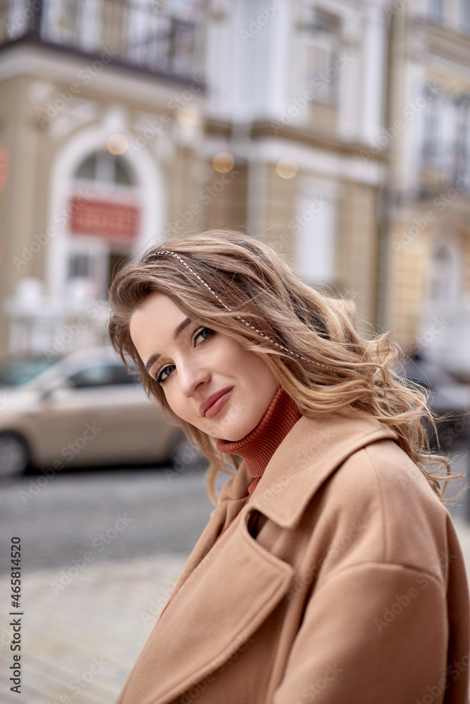portrait of attractive young caucasian woman with stylish hair styling in street portrait of attractive young caucasian woman with stylish hair styling in street