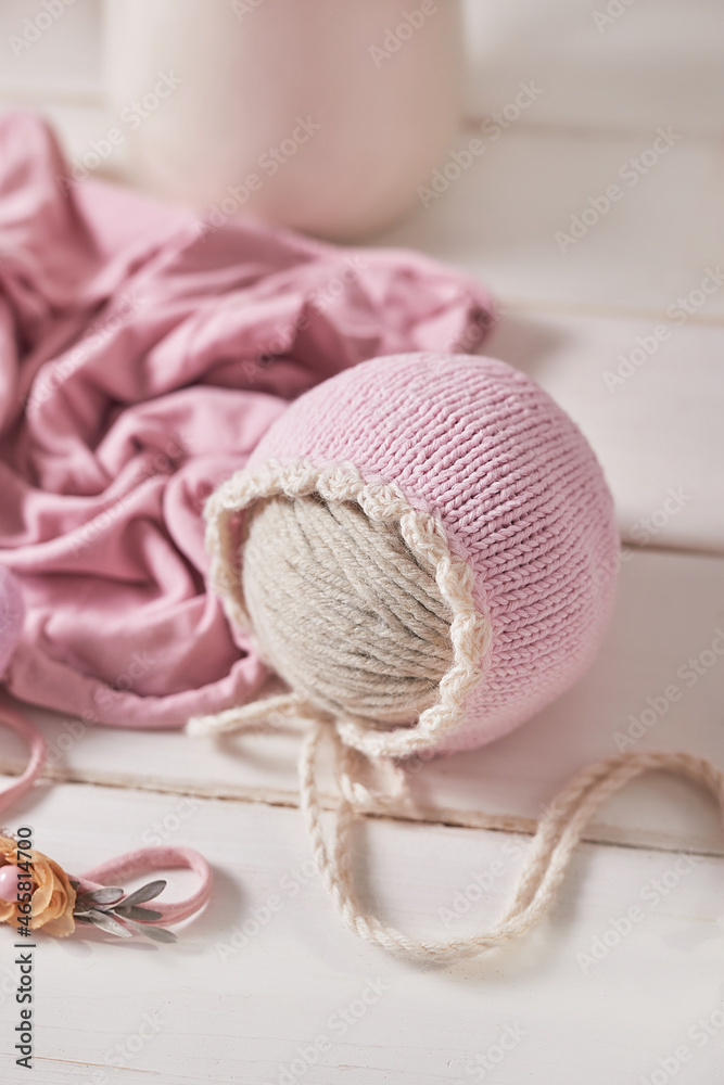 Knitted kids clothes and accessories for knitting. Needlework and knitting. Hobbies and creativity. Knit for children. Handmade