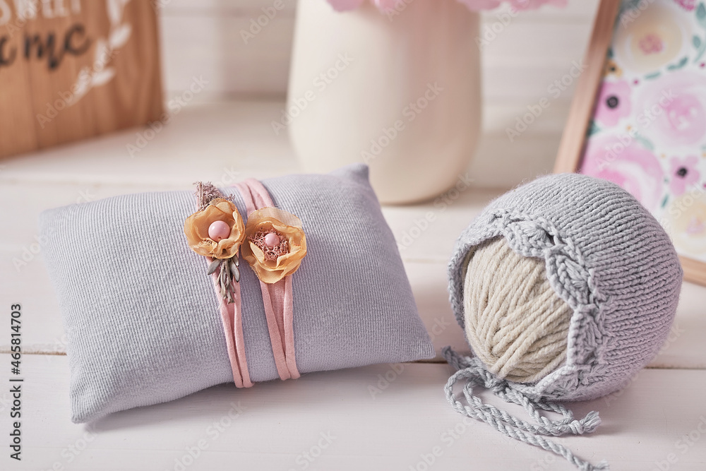 Knitted kids clothes and accessories for knitting. Needlework and knitting. Hobbies and creativity. Knit for children. Handmade