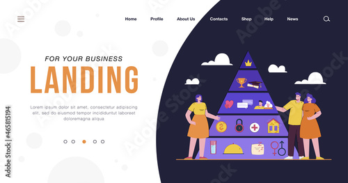 People with Maslow hierarchy. Triangle pyramid, self-actualization, growth, love, wellness and physiological needs flat vector illustration. Basic needs, sociology concept for banner, website design