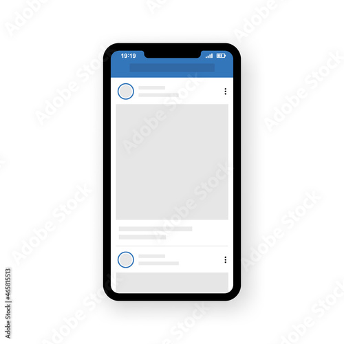 Interface post feed with smartphone. Social network photo frame. Mobile profile mockup template.