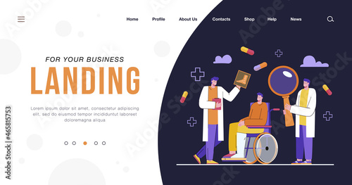Tiny podiatrists with patient in wheelchair. Cartoon doctors examining foot, ankle, toes flat vector illustration. Podiatry, surgery, treatment concept for banner, website design or landing web page
