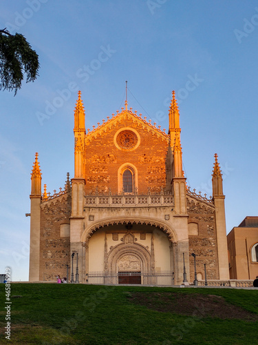 MADRID, SPAIN - OCTOBER 28, 2021. Old Monastery of San Jerónimo el Real at sunset, next to the Prado Museum. Most important monasteries in Madrid, in Spain. Europe. Vertical photography.