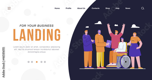 Volunteers giving presents to disabled person. People helping man in wheelchair and blind guy flat vector illustration. Healthcare, volunteering concept for banner, website design or landing web page