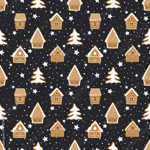 Christmas background. Seamless winter pattern. Gingerbread village. There are gingerbread houses and fir trees on a dark blue background. Greeting card template. Vector illustration