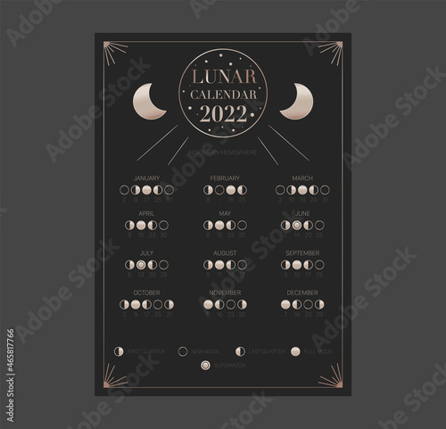One page moon calendar 2022 year. Modern boho moon calendar poster template design. Lunar phases schedule and cycles. Vector illustration background. Vintage retro decorative design.
