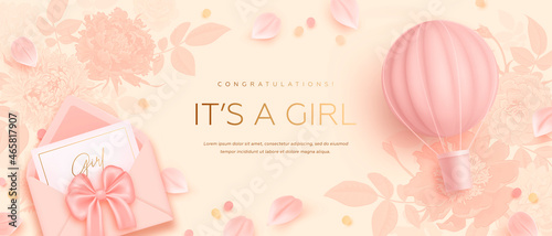 Baby shower horizontal banner with cartoon hot air balloon, envelope and petals on floral background. It's a girl. Vector illustration