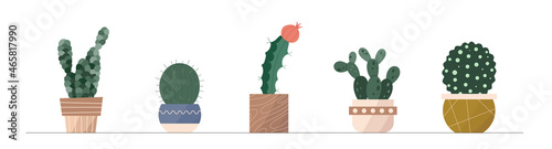 Trendy collection of home cute cactus plants in flowerpots icons set. Pack of mini cacti succulent plants in pots modern illustrations. Cozy vector decoration elements in flat swiss graphic style.