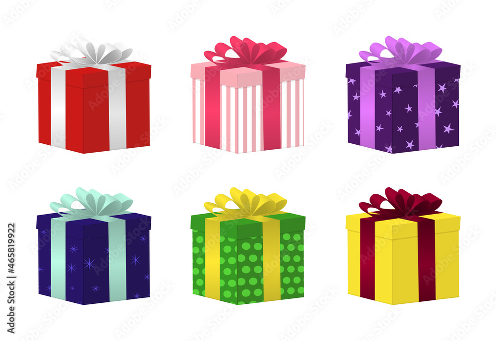 Set of multicolored gift boxes with a bow. Vector elements for design. Set of multicolored gift boxes with a bow. Vector elements for design.