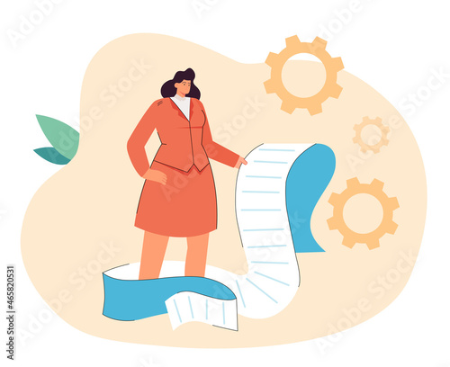 Tiny woman in suit making check of big paper task list or document for work. Female person with long scroll, shopping bill, checklist flat vector illustration. Time management, payment concept
