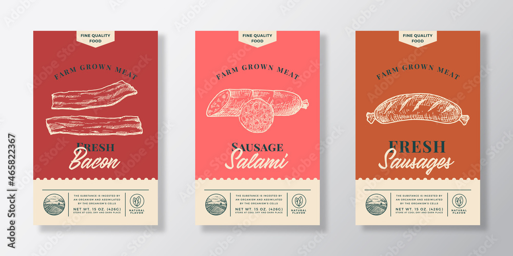 Meat Abstract Vector Packaging Labels Design Set. Modern Typography Banner, Hand Drawn Bacon, Salani and Sausage Sketch Silhouettes. Color Paper Background Layouts Collection Isolated