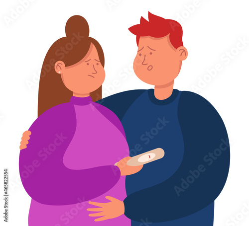 Sad infertile couple looking at negative pregnancy test. Male and female characters having problems with conceiving flat vector illustration. Infertility, family concept for banner or landing web page