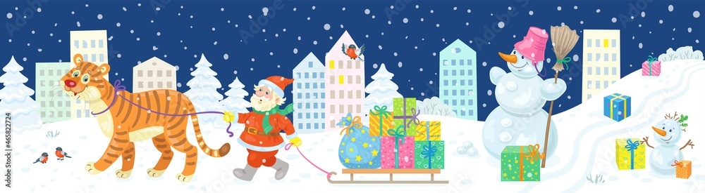 Cute Santa Claus walks with a funny tiger and gifts in the winter city at night. Banner in cartoon style. Vector flat illustration.