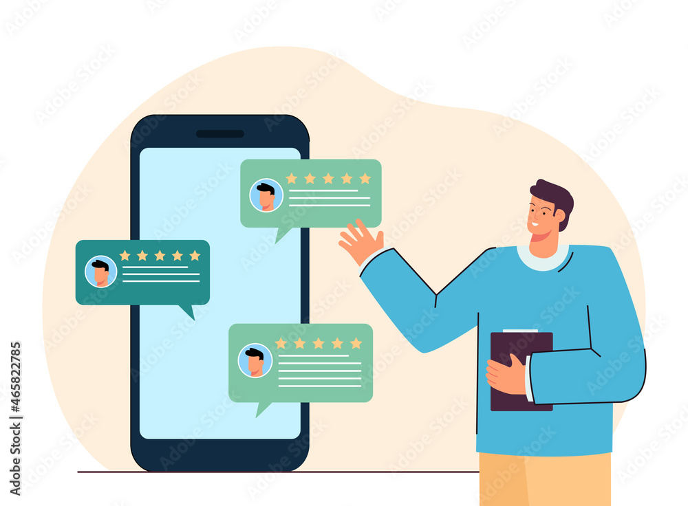 Man with feedback review from clients on screen of mobile phone. Customer review in rating bubble flat vector illustration. Social media, survey concept for banner, website design or landing web page