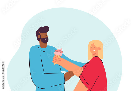 Girl sharing ice cream with male friend. Young woman giving sweet dessert to man flat vector illustration. Friendship, happy time together concept for banner, website design or landing web page