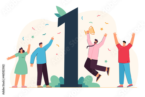 Tiny joyful businessmen around first number holding cup. Best employees bringing victory in competition flat vector illustration. Achieving business goal, number one, prize award ceremony concept