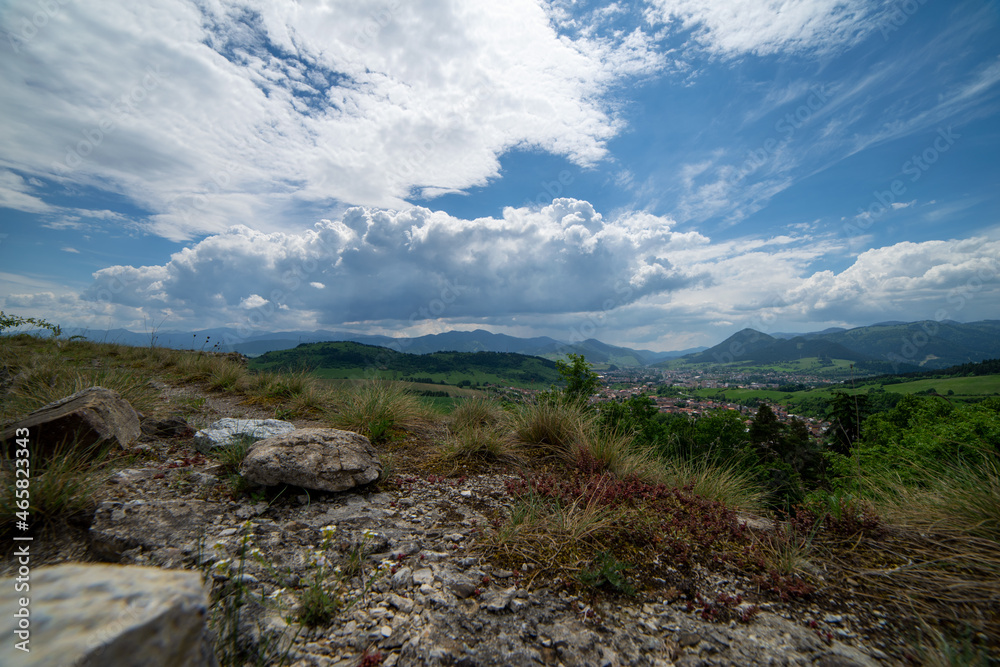 Beautiful landscape of mountain on sunny cloudy day from Likava castle in Slovakia 