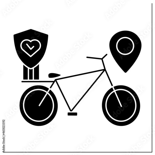 Bike delivery glyph icon. Delivery bike and location. Safe and fast food and order delivery service in corona virus pandemic. Filled flat signs. Isolated silhouette vector illustrations