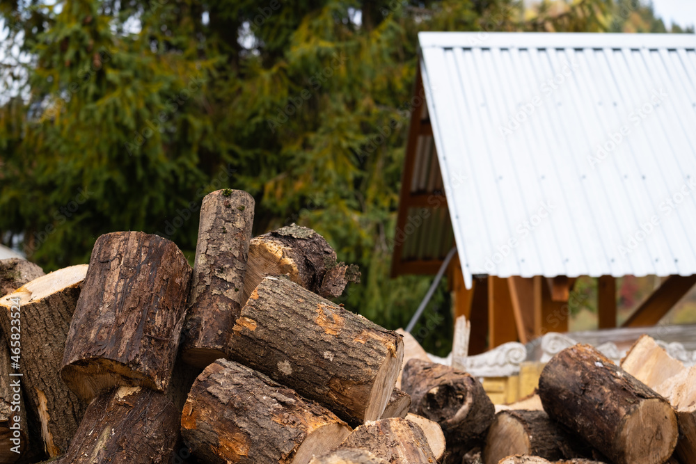 Rural life. Near the fence there is a large pile of birch firewood. Natural background of firewood. Rural life. Near the fence there is a large pile of birch firewood. Natural background of firewood.