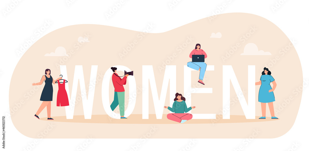 Strong female characters standing together near huge letters of word Women. Group of feminists showing power and independence flat vector illustration. Sisterhood, equality of gender rights concept