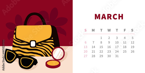 Tiger calendar design concept 2022. Striped tiger pattern bag, sunglasses and powder. Horizontal page template for March. Chinese symbol of the year. Trendy fashion illustration.