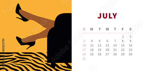 Tiger calendar design concept 2022. Horizontal page template for july. Woman legs on black leather sofa. Yellow interior with striped tiger pattern. Chinese symbol of the year.