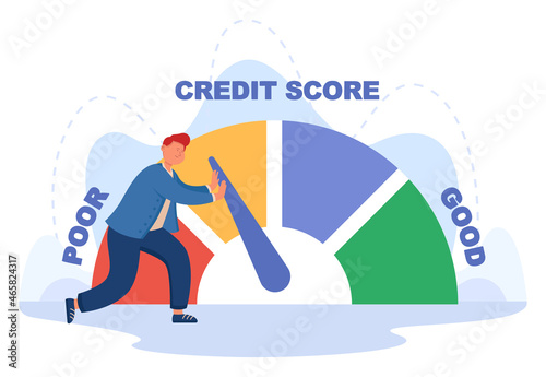 Customer pushing arrow of credit score on mortgage speedometer. Tiny man using measurement from poor to good on loan scale with levels flat vector illustration. Improving credit rating, debt concept