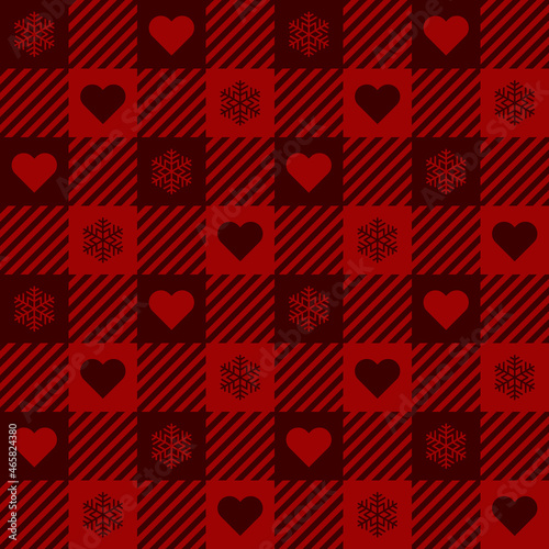 Seamless red tartan background pattern. Abstract shapes with hearts arranged alternately with snowflakes. Texture design for fabric, tile, textile, wrapping paper, poster, wall. Vector illustration.