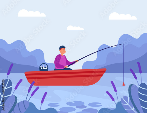 Happy fisher man with fishing rod in boat on lake. Male cartoon character catching fish in river or pond, summer landscape flat vector illustration. Hobby, recreation, nature concept for banner