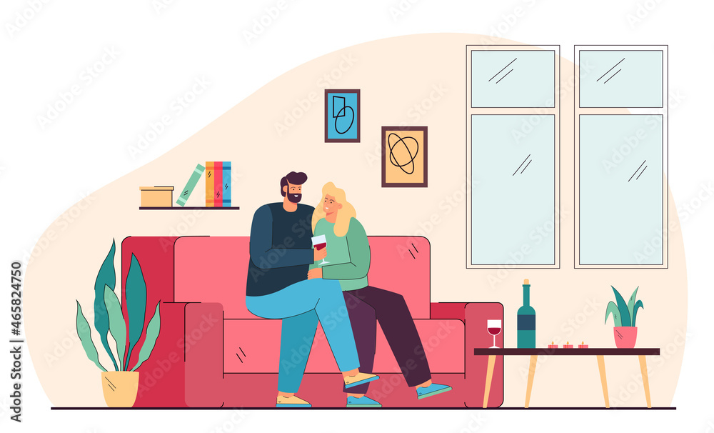 Male and female cartoon characters sitting on couch and drinking wine. Couple enjoying romantic date with candles at home flat vector illustration. Romance, relationship, love concept
