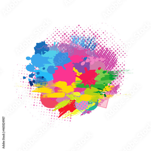 Bright colorful background. Isolated abstract graphic design template. Colored ball. Trendy brushing arts rtyle decoration. Yellow, red, green, pink colors. Holiday creative circle. Decorative element
