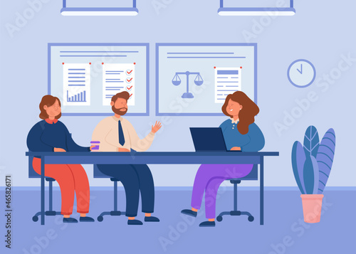 Legal advice from lawyer to clients about divorce. Female financial adviser discussing contract on meeting with couple of man and woman flat vector illustration. Consultation of attorney concept