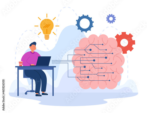 Brain with neural network and tiny engineer working at laptop. Man using AI digital technology for business development flat vector illustration. Machine learning, artificial intelligence concept