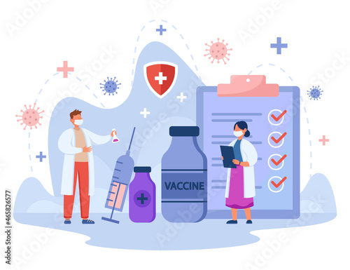 Tiny medical people standing with vaccine bottles and syringe. Doctors offering shot of vaccine, prevention of disease flat vector illustration. Medicine, coronavirus, vaccination, healthcare concept