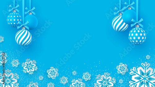 Christmas gently blue baubles with geometric patterns and snowflakes. Abstract Christmas background in pastel colors. A place for your text. Vector
