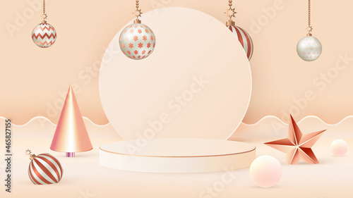 Christmas scene for product presentation in beige tones. Round frame, cylindrical podium and Christmas tree decorations. Vector