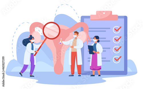 Gynecologist with magnifier examining uterus of patient. Doctors treating infertility, endometriosis or vaginal diseases flat vector illustration. Gynecology, health concept for banner or landing page