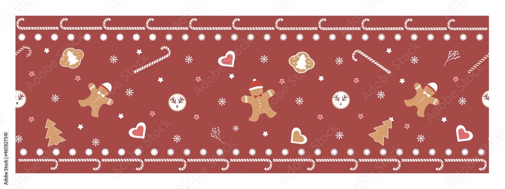 Seamless vector Christmas border, ribbon on a red background. New Year's festive texture with funny sweets, gingerbread, gingerbread man, sweets, snowflakes. For scotch tape, greetings, postcards Seamless vector Christmas border, ribbon on a red background. New Year's festive texture with funny sweets, gingerbread, gingerbread man, sweets, snowflakes. For scotch tape, greetings, postcards