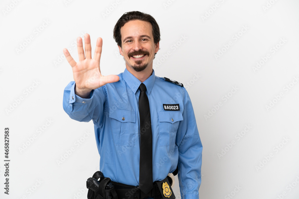 Young police man over isolated background white counting five with fingers Young police man over isolated background white counting five with fingers