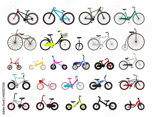 Collection of bicycles for children and adults.