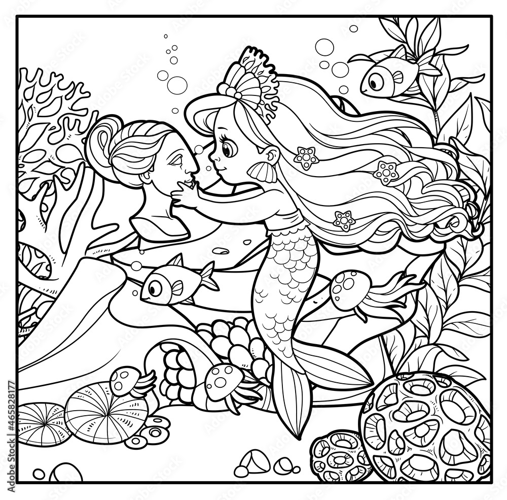 Cute mermaid in coral tiara carefully examines the head of the sculptural bust outlined for coloring page on seabed with corals and algae background