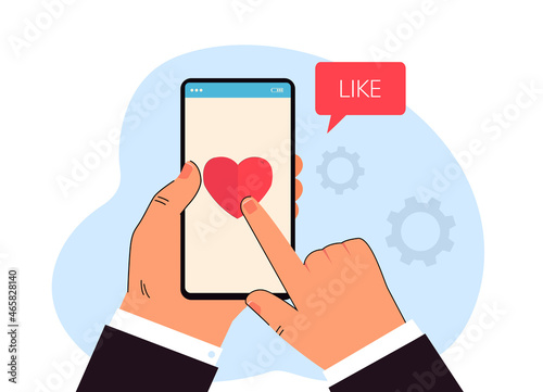 Hand of businessman touching like button. Man holding mobile phone with heart on screen flat vector illustration. Review in social media concept for banner, website design or landing web page