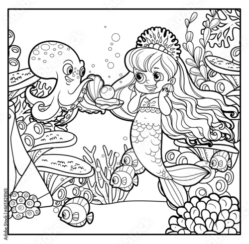 Cartoon gallant octopus gives the mermaid princess a pearl in the shell outlined for coloring page on seabed with corals and algae background