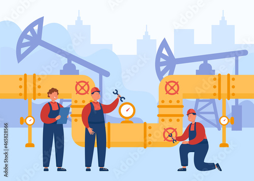 Team of engineers and workers controlling oil or gas pipeline. People working with petroleum transportation pipe flat vector illustration. Maintenance service, industry, leakage control concept