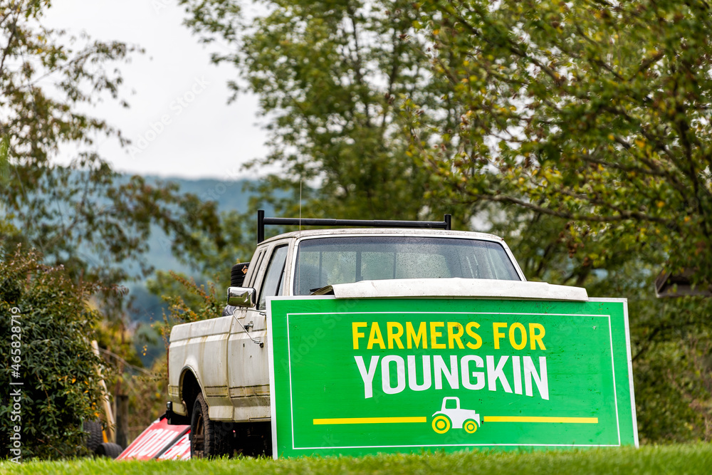 Buena Vista, USA - October 7, 2021: Gubernatorial governor election  political sign placard on truck in support of farmers for Youngkin for  Virginia election Stock Photo | Adobe Stock