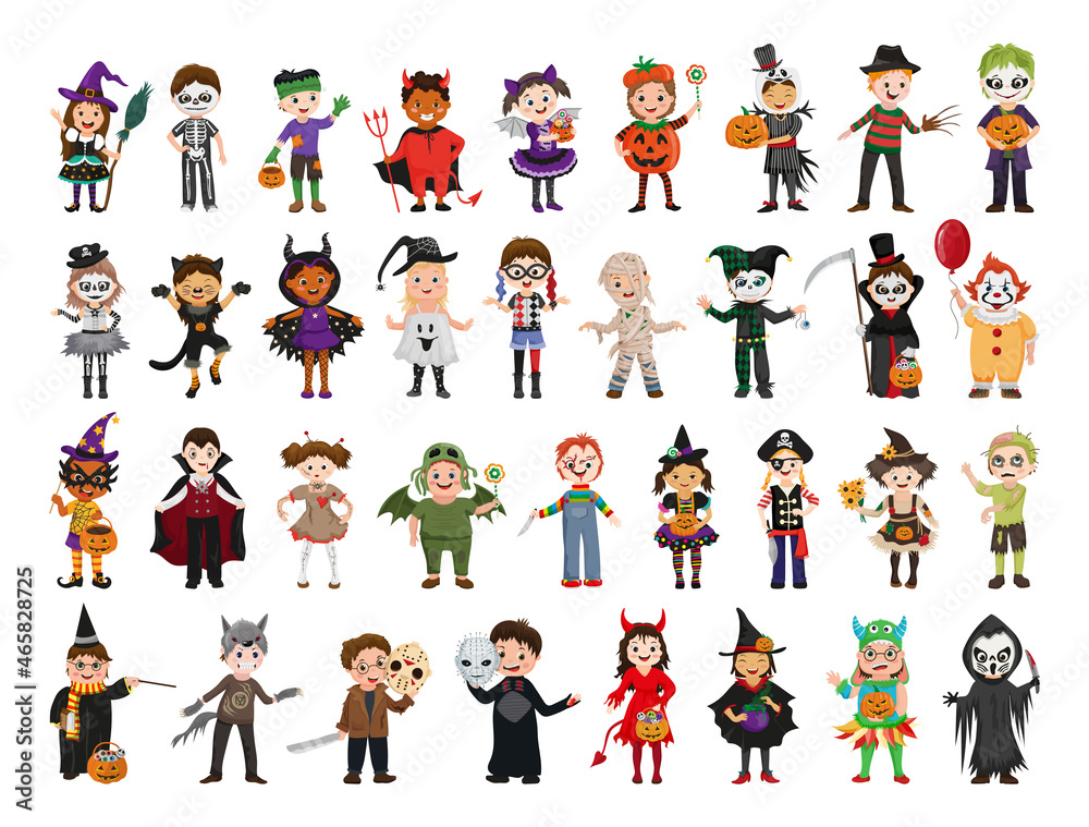 Children in Halloween costumes. Characters in flat style.