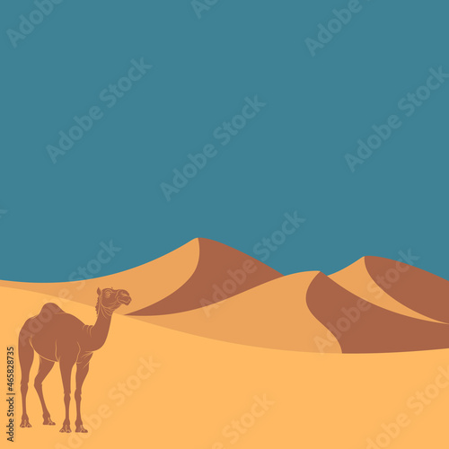 Landscape with desert, dunes and camel. Vector colored background.